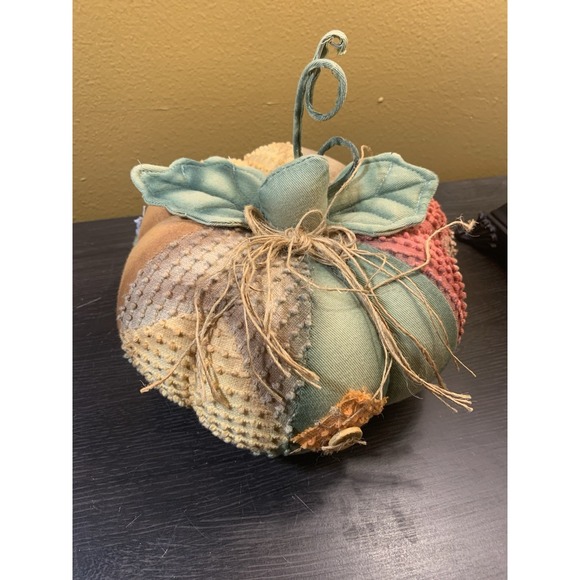 Other - Folk Plush Art Stuffed Handmade Pumpkin 6 Different  Cloth Panels Leaves &‎ Stem